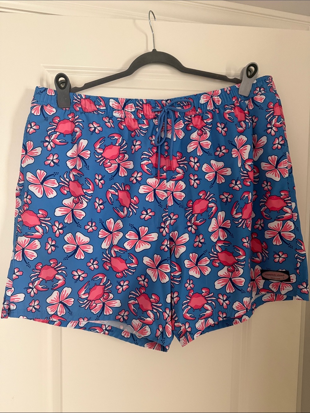 Vineyard Vines Blue Swim Trunks with Pink Crab & White Floral Accents